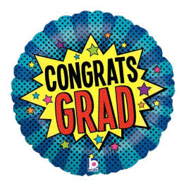 Round blue foil balloon with "Congrats Grad" text and stars