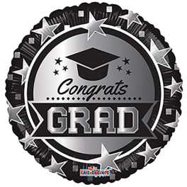 Round black and silver graduation balloon with stars and "Congrats Grad" text