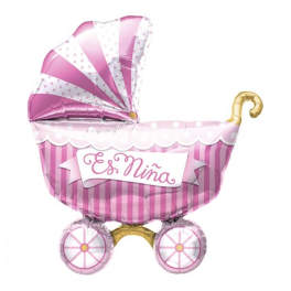 Pink baby carriage foil balloon with "Es Niña" text