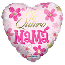 Pink heart-shaped balloon with floral graphics and "Te Quiero Mama" text