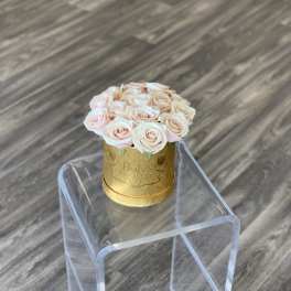 Small bouquet of pale pink roses in a gold round box
