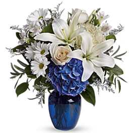 White lilies and daisies arranged in a blue vase with a blue hydrangea