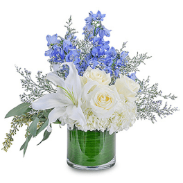 White lilies, roses, and hydrangeas with blue delphinium in a glass cylinder vase