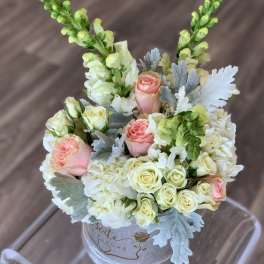 Pink and white roses in a round box with silver foliage