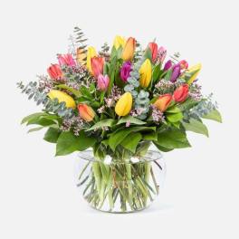 Mixed tulip bouquet in a clear glass vase