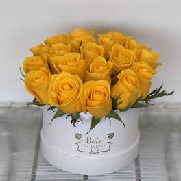 Yellow roses arranged in a white round box