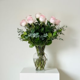 Love Arrangement (Pink Roses, Greenery in Clear Glass Vase)