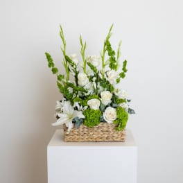 Eternal Grace Basket/ White Roses, Lilies and Bells of Ireland