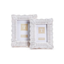 Two white woven picture frames on a white background