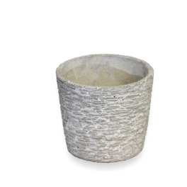 Textured gray ceramic planter pot on a white background