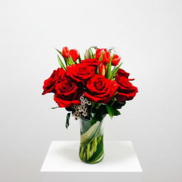True Romance Arrangement Red Roses and Tulips