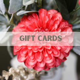 Close-up of a pink flower with soft gray-green foliage and a gift cards banner