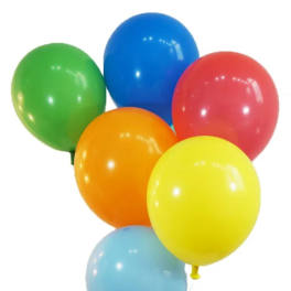 Bunch of six colorful latex balloons in red, blue, yellow, orange, and green on white strings