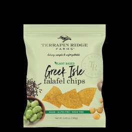 Bag of Greek Isle falafel chips on a pale green package