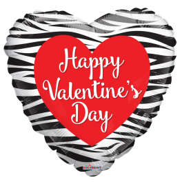 Heart-shaped balloon with zebra stripes and "Happy Valentine's Day" text