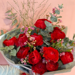 BP72 - Red Ranunculus With Greeneries Bouquet
