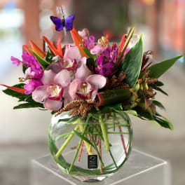 Tropical bouquet with pink orchids and purple flowers in a round glass vase
