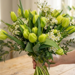 BP18 - Double Green Tulips with Wax Flowers Bouquet