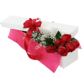 Long-stem red roses with white filler flowers in a white gift box with pink wrap and red bow