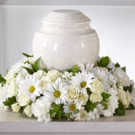 White funeral urn surrounded by white flowers and daisies