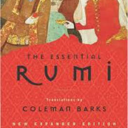 Book cover with two illustrated figures in ornate clothing and the title "Rumi"
