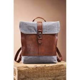 Brown leather backpack with light blue fabric accents
