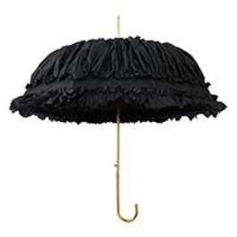 Black ruffled parasol with a curved handle