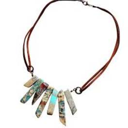 Brown cord necklace with multicolored dangling rectangular charms