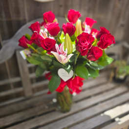 18 Red Roses and Stargazer vase