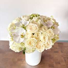 Cream roses and white orchids arranged in a white vase