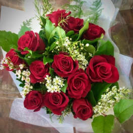 Bouquet of red roses with white filler flowers and green foliage