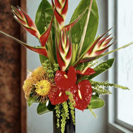 Tropical arrangement with red heliconia and red anthuriums in a tall black vase