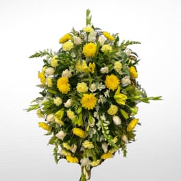 Large yellow and white floral spray with lilies and chrysanthemums