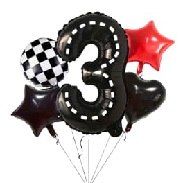 Cluster of number 3 balloons with star balloons on a white background