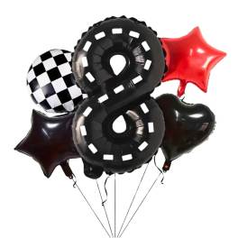 Cluster of number 8 balloons with a red star balloon and checkered balloon