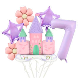 Pastel castle and flower-shaped balloons with a large number seven