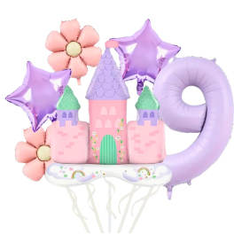 Pastel castle and star-shaped balloons with flower accents