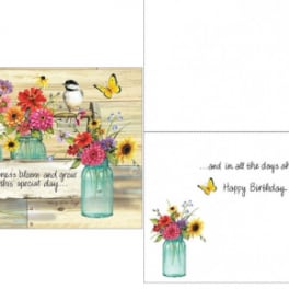 Birthday card with colorful flowers in blue jars and butterflies