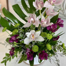 Arrangement of pink and white orchids with green button mums in a vase