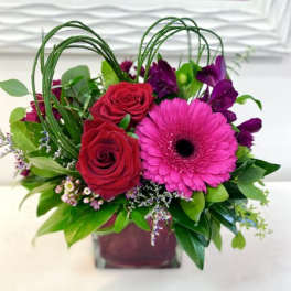 Short arrangement of red roses, hot pink gerbera daisy, and purple blooms in a glass cube vase