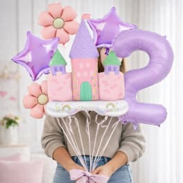 Pastel balloon bouquet with a castle, stars, flowers, and a large number 2