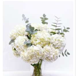 White hydrangea bouquet in a clear glass vase with eucalyptus