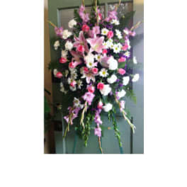 Tall standing floral spray with pink and white flowers