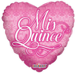 Pink heart-shaped balloon with the words "Mis Quince"
