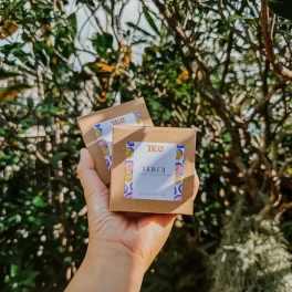 Hand holding two small brown boxes with labels in front of trees