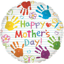 Round balloon with colorful handprints and "Happy Mother's Day" text