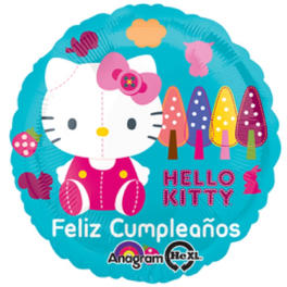 Hello Kitty birthday balloon with colorful trees and Spanish text