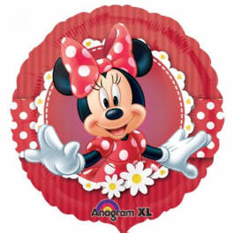 Minnie Mouse-shaped red polka dot balloon with daisies
