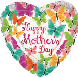 Heart-shaped balloon with colorful butterflies and "Happy Mother's Day" text