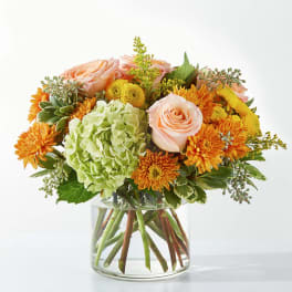 Peach roses and orange mums in a clear glass vase with green hydrangea